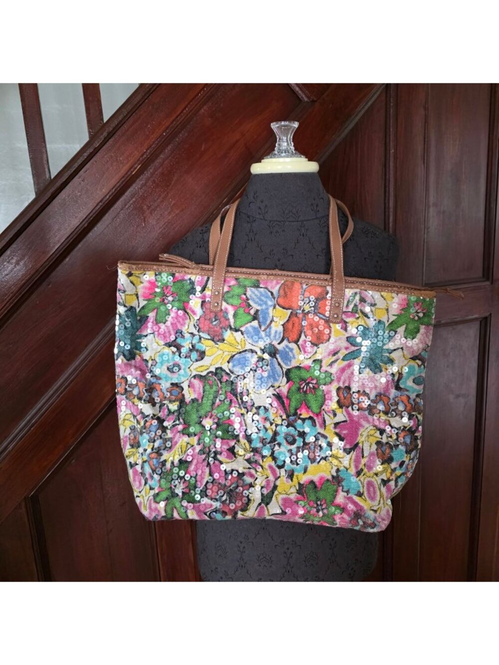 Nine West Floral Sequin Tote Bag Attached Wallet Leather Straps